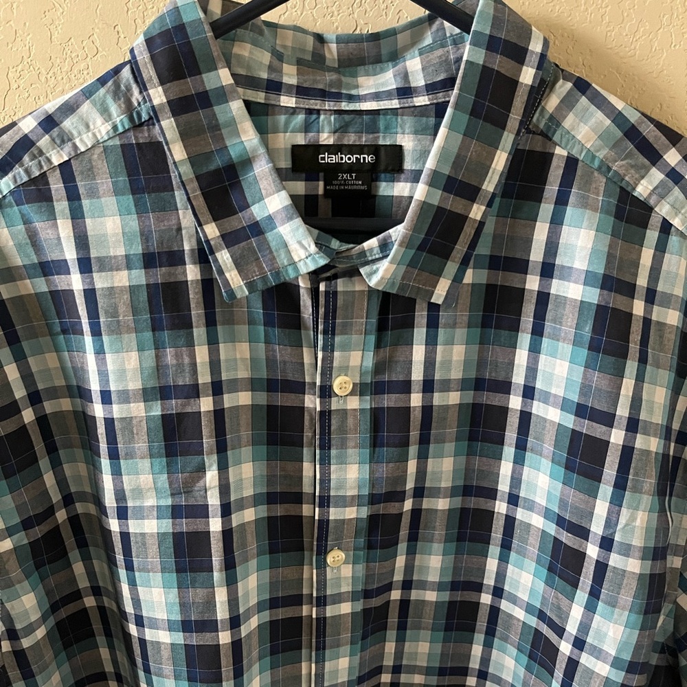 Claiborne Men’s Plaid Button‑Up Shirt | 2XLT | Blue & White | Short Sleeve - Picture 2 of 5